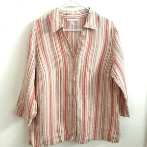 JM collection 100% linen striped button Up 3/4 sleeve white red colared shirt